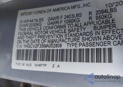 2021 Honda Accord Sport 2.0T из США, поврежденный, VIN 1HGCV2F35MA002808